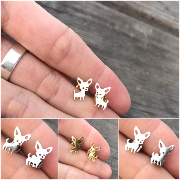 Silver Chihuahua Minimalist Stainless Steel Stud Earrings With Gift Bag - Picture 7 of 8
